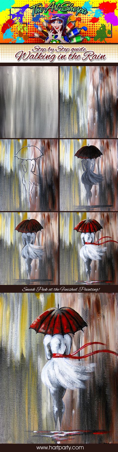 Walking In The Rain step by step. 16x20 Canvas Acrylic paint in the colors Yellow Ocher, Burnt ...