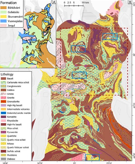 A) Map of the northern part of the Karasjok Greenstone Belt, based on ...