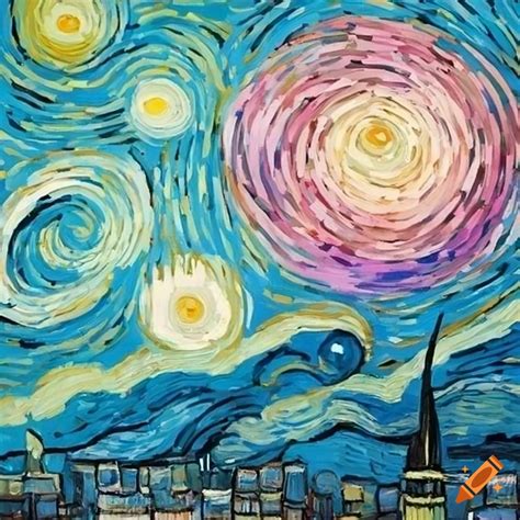 Van gogh inspired pink and cyan starry night painting