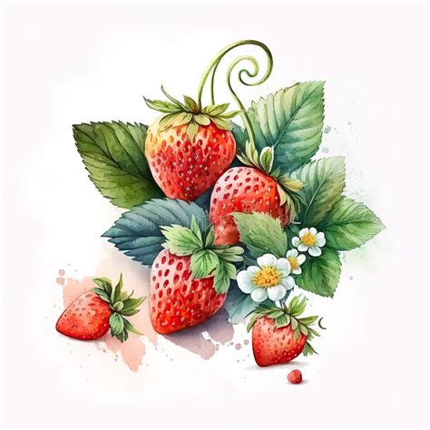 Watercolor Drawing of a Beautiful Ripe Strawberry with Leaves and a ...