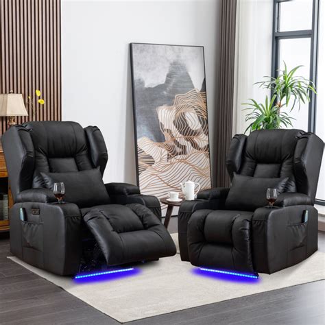 Ebern Designs Hrithika Leather Power Recliner Chair Home Theater Seating with LED Lights and Cup ...