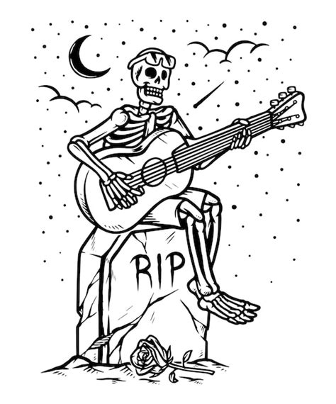 Premium Vector | Skeleton playing guitar in grave line illustration