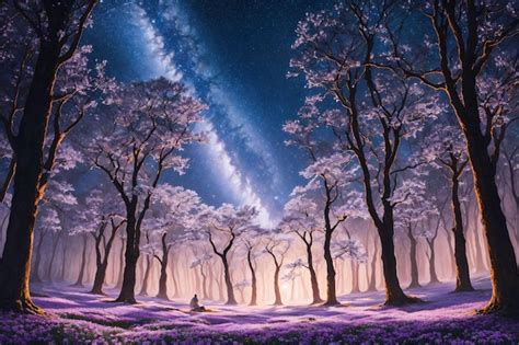 Premium AI Image | Brigh purple forest at night with starry sky