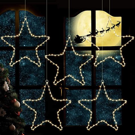 5 Pcs Christmas Window Star Lights, Hanging Star Lights with Timer 8 ...