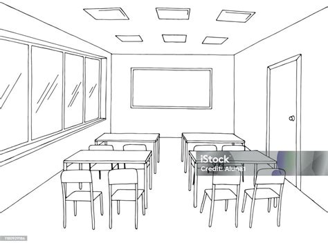 Classroom Graphic Black White School Interior Sketch Illustration ...