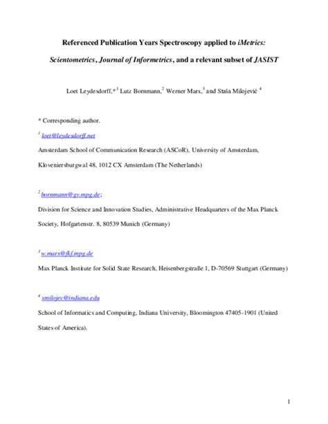 (PDF) Referenced Publication Years Spectroscopy applied to iMetrics: Scientometrics, Journal of ...