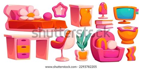 Cartoon Set Girls Bedroom Furniture Decor Stock Vector (Royalty Free ...