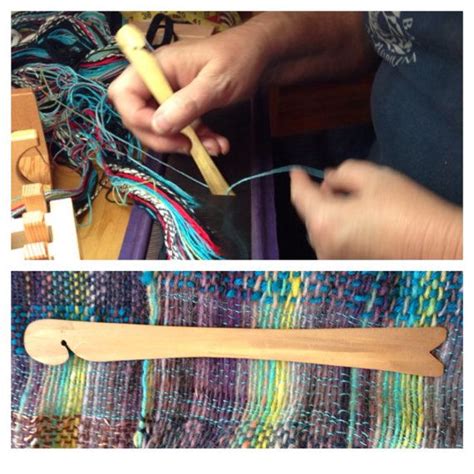 two pictures one shows the process of weaving and the other shows how to use a knitting needle