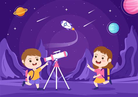 Astronomy Cartoon Illustration with Cute Kids Watching Night Starry Sky, Galaxy and Planets in ...