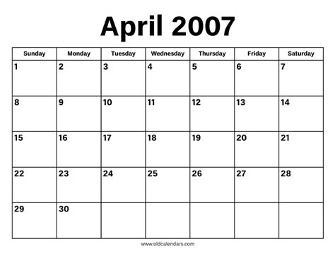 April 2007 Calendar – Printable Old Calendars