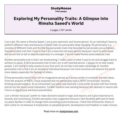 Exploring My Personality Traits: A Glimpse into Rimsha Saeed's World Free Essay Example