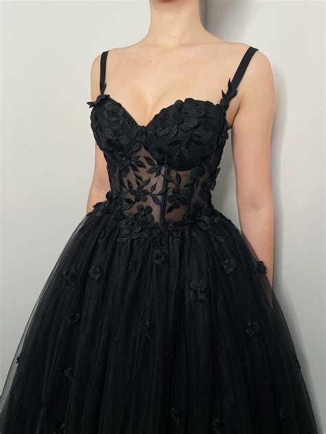 Black Gothic 3D floral sparkly corset dress with straps | Prom dress inspiration, Black wedding ...