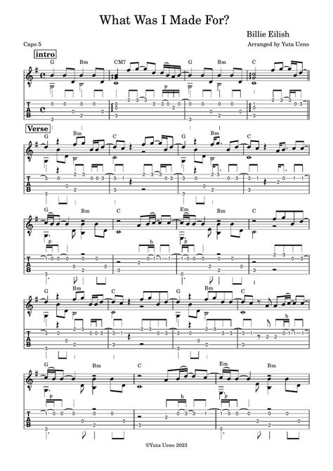 Billie Eilish - What Was I Made For? (Fingerstyle) Tab + 1staff by Yuta Ueno in 2024 | Guitar ...