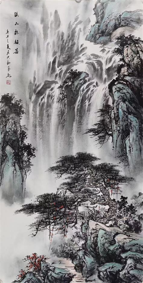 Spectacular Pine Tree and Waterfalls Chinese Painting, Chinese Brush and Ink Wash Painting ...