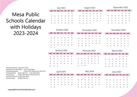 Mesa Public Schools Calendar with Holidays 2023-2024