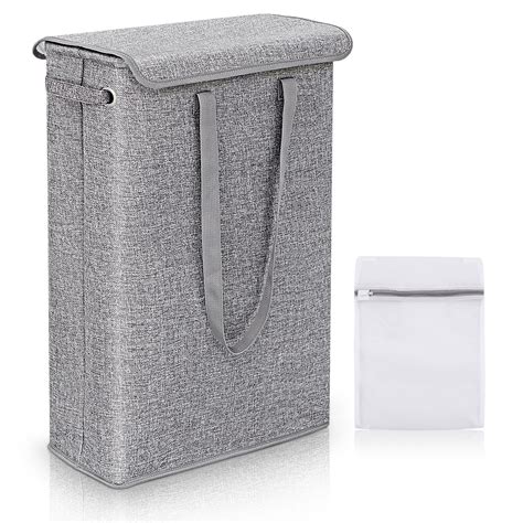 Sawake Slim Collapsible Waterproof Lining Foldable Laundry Hamper with Lid and Handles, Gray ...