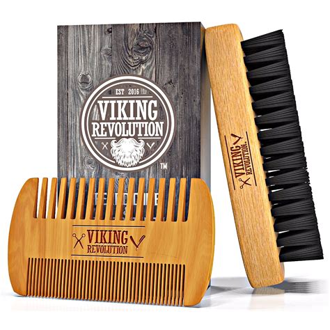 Viking Revolution Beard Comb & Beard Brush Set for Men - Natural Boar Bristle Brush and Dual ...