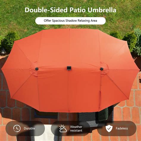 15 FT Large Outdoor Patio Table Umbrella with 48 Solar LED Lights & Crank, Double-Sided Metal ...