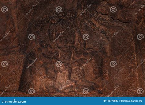 Badami Cave Sculptures of Hindu Gods Carved on Walls Ancient Stone Art in Details Stock Image ...