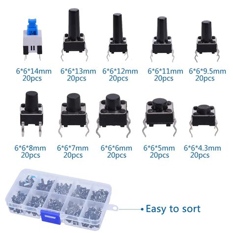 180pcs 4 pin push button switch 10 types Values Tactile push button switch Momentary Tact ...