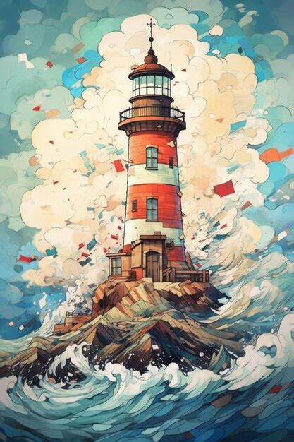 Premium AI Image | A painting of a lighthouse with waves crashing on it.