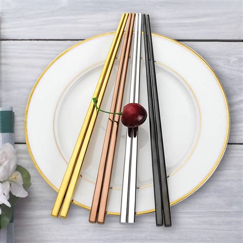 6 Pairs Stainless Steel Chopsticks Long Plating Gold Square Chopsticks ...