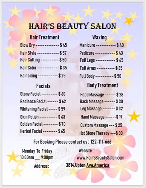 Hair Salon Prices List and Menu Design Ideas