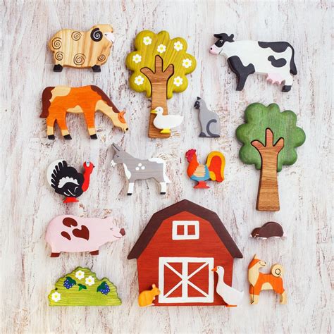 Farm animals toy set 13pcs Wooden Barnyard animal toys | Etsy