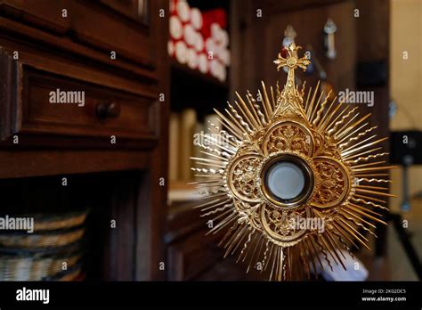 The Blessed Sacrament in a monstrance. Eucharist adoration. France ...