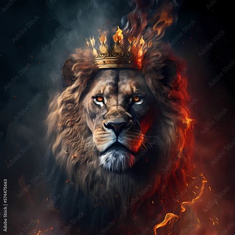 portrait of a brave lion with big hair and crown Stock Illustration ...