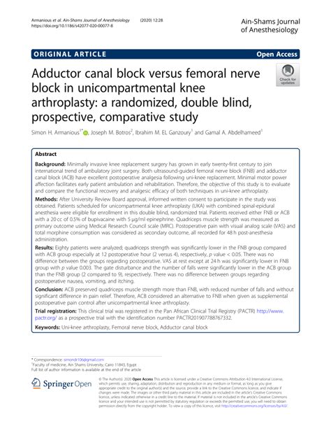 (PDF) Adductor canal block versus femoral nerve block in unicompartmental knee arthroplasty: a ...