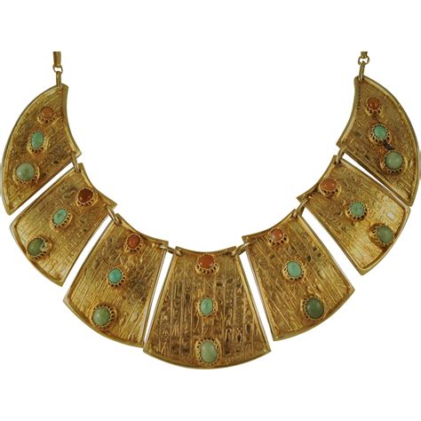 Antique Egyptian Revival Wide Bib necklace Gilded Silver Gemstone from cambridge-antiques on ...