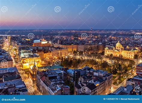 Aerial Shot of Terazije Square and Palace of Albania in the Central Town and the Surrounding ...