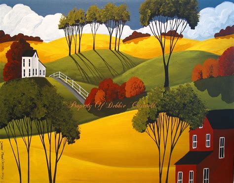 Original Painting Folk Art Landscape Autumn Day Country Farm Road Trees Clouds | eBay | Folk art ...