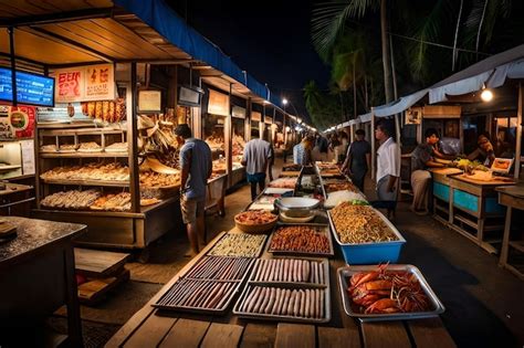 Premium AI Image | A night scene of a food market with a sign that says ...