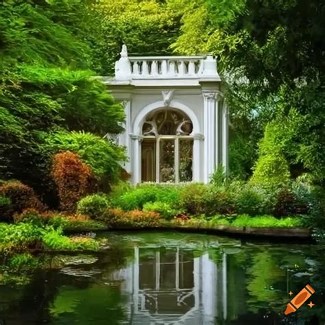 Baroque garden with white house and pond
