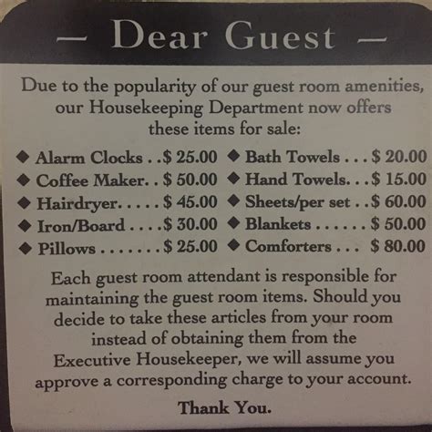 Price list in my hotel room which begins with "Due to the popularity of our guest room amenities ...