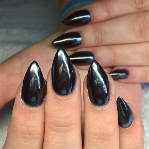 Full coverage Black Chrome nails by Jenny Nagorski | Black chrome nails, Black almond nails ...