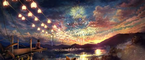 Anime, Fireworks, Festival, Scenery, Lanterns, 4K, #110 Wallpaper PC ...