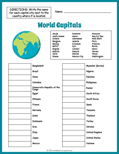 Fun printable worksheet for geography students features 30 World Capitals to sort and identif ...