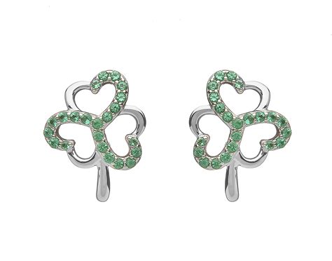 Sterling silver Shamrock design stud earrings set with emerald green ...