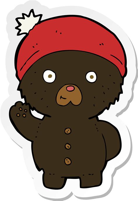 sticker of a cartoon waving black teddy bear in winter hat 39872216 PNG