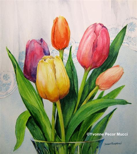 Spring Tulips Watercolor by Yvonne Pecor Mucci Tulip Drawing, Tulip Painting, Flower Art ...