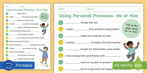 Using Personal Pronouns He or Him Worksheet - Twinkl