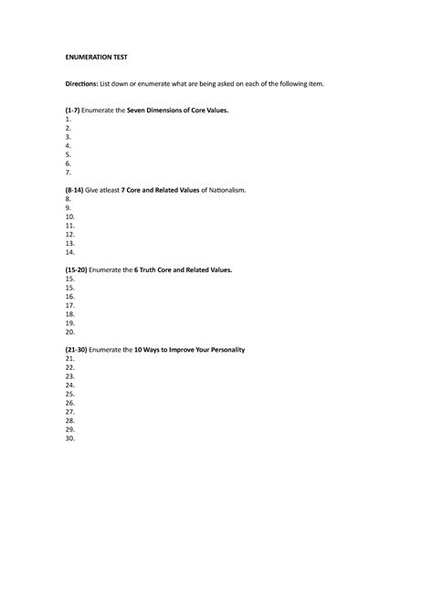 Enumeration TEST. ESSAY TEST EXAAAAAAM FOR STUDENTS, USE FOR ENUMERation TEST EXAM, ESSAY TYPE ...