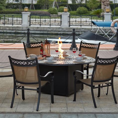 Mountain View 7 Piece Cast Aluminum Sling Patio Fire Pit Dining Set W ...