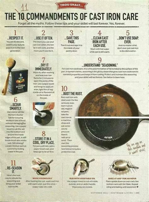 the 10 commandments of cast iron care info sheet with instructions on how to use an iron skillet