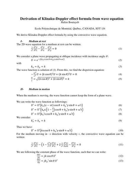 (PDF) Derivation of Klinaku-Doppler effect formula from wave equation