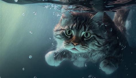 Premium AI Image | Cat underwater diving in aquarium with turquoise water funny surprised cat ...