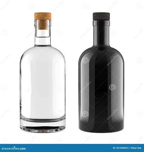 A Set of Clear Glass and Black Bottles for Whiskey, Vodka, Gin, Rum ...